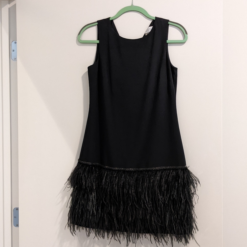 Black Tahari ASL Ostrich Feather Hem Cocktail Dress - Size 2P (2 Petite)